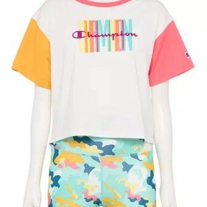 Women’s XL Champion Abstract Camo Leggings & 2 Colorblock Crop Tee NWT